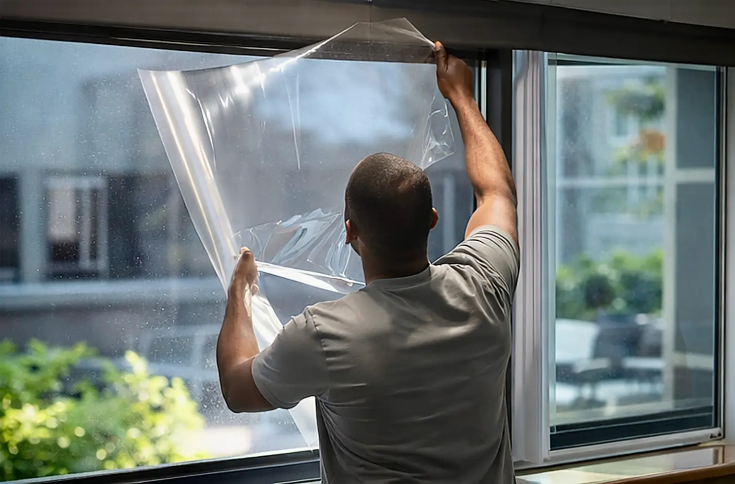 Expert window film installer working on Mission Bay property glass