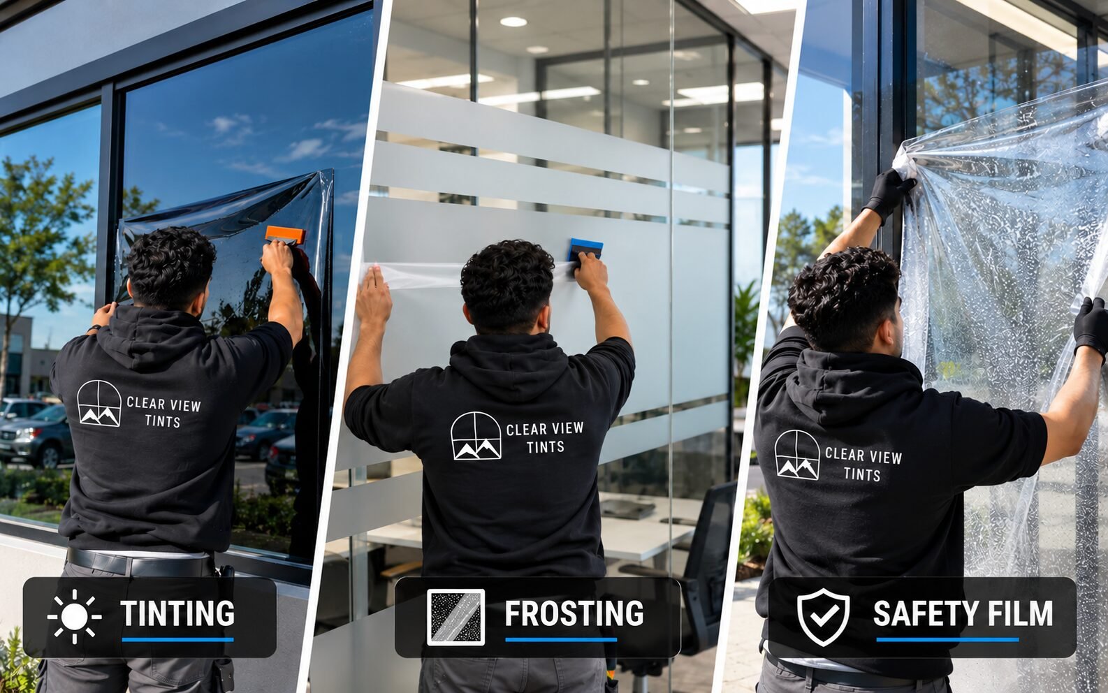Commercial office glazing with tinted exterior windows and frosted internal glass partitions