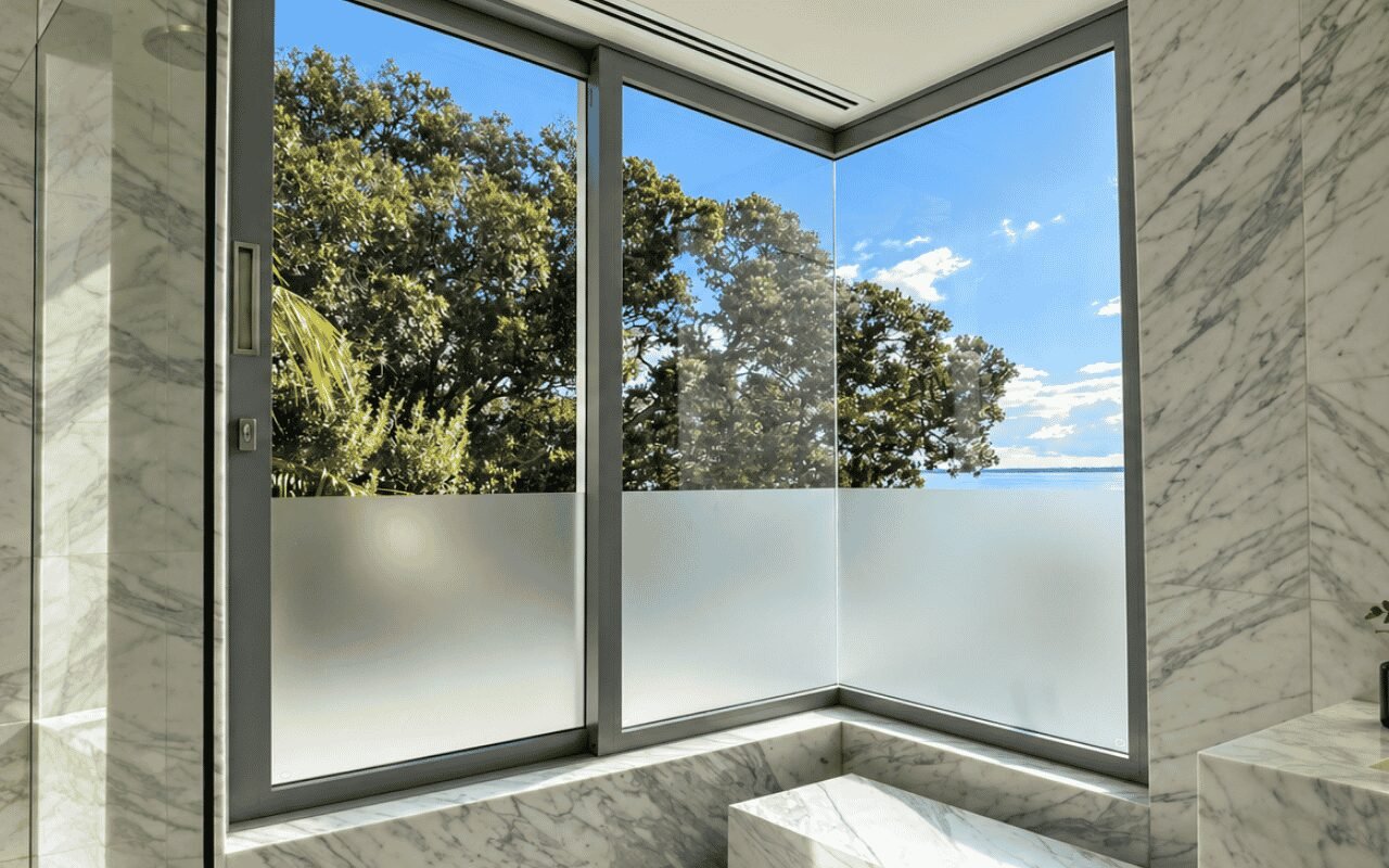 Modern hotel guest room with large windows and natural daylight