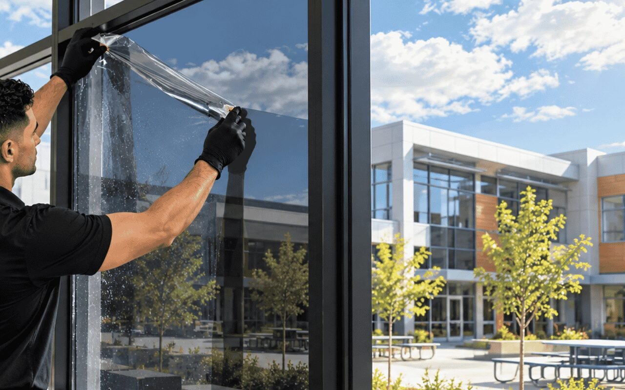 Commercial glass panels displaying clear solar tint and frosted privacy film finishes