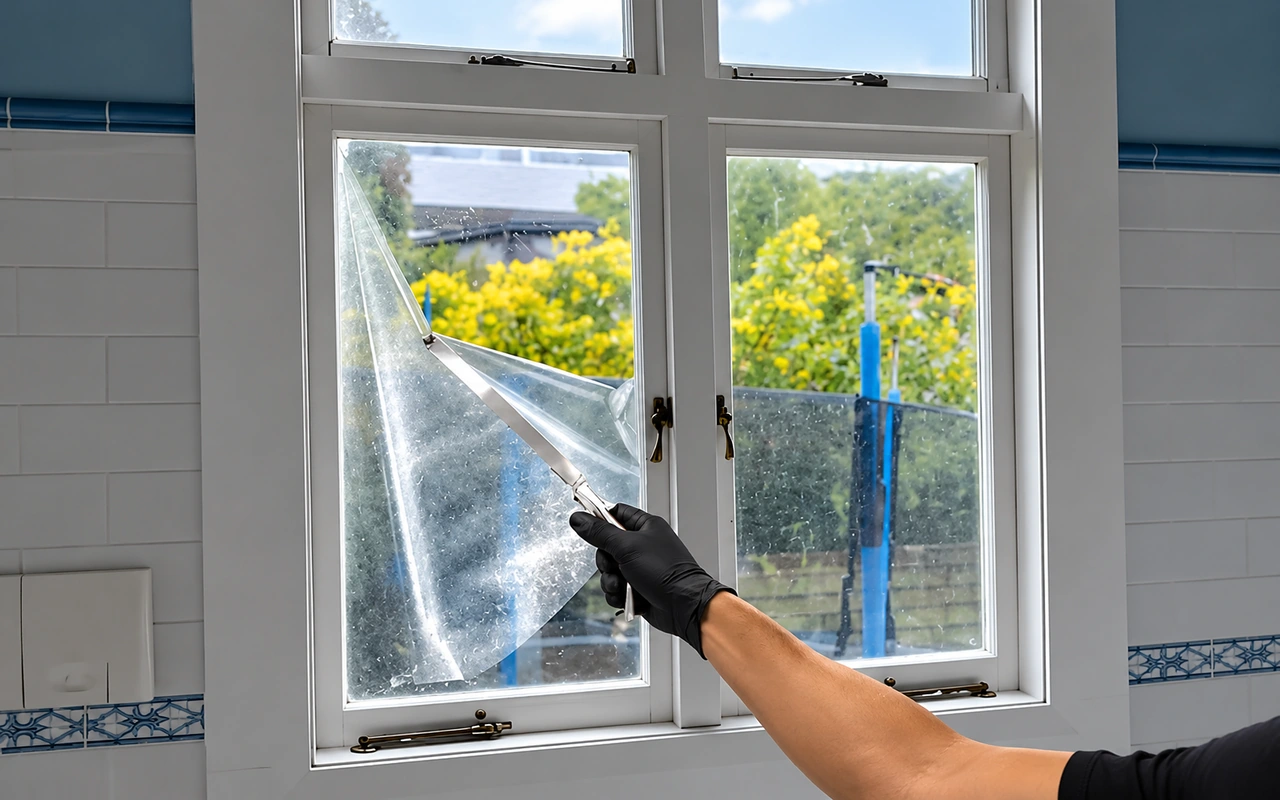 Close-up of ageing window film on glass being inspected for scratches and adhesive residue