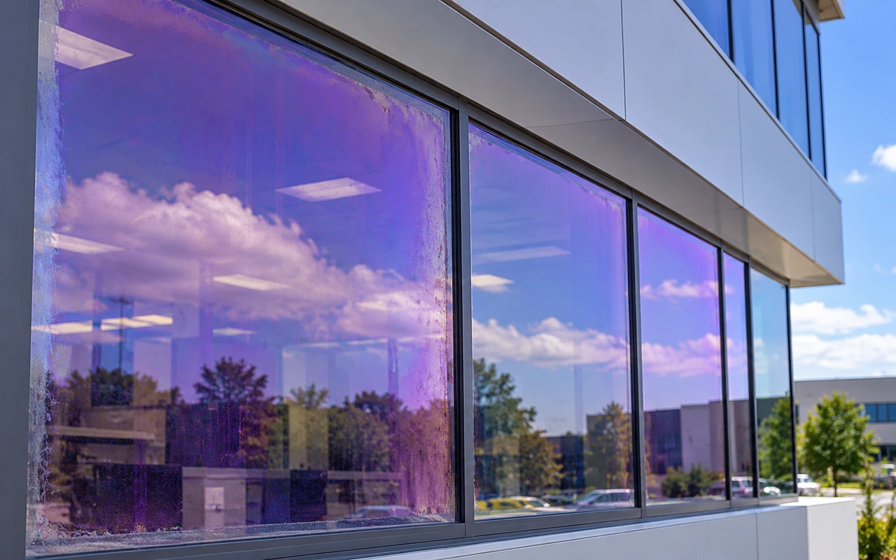 Old window film showing a purple colour shift beside neighbouring glass panels